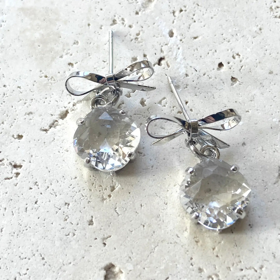 Salene Sweet Crystal Bow Earrings - Silver